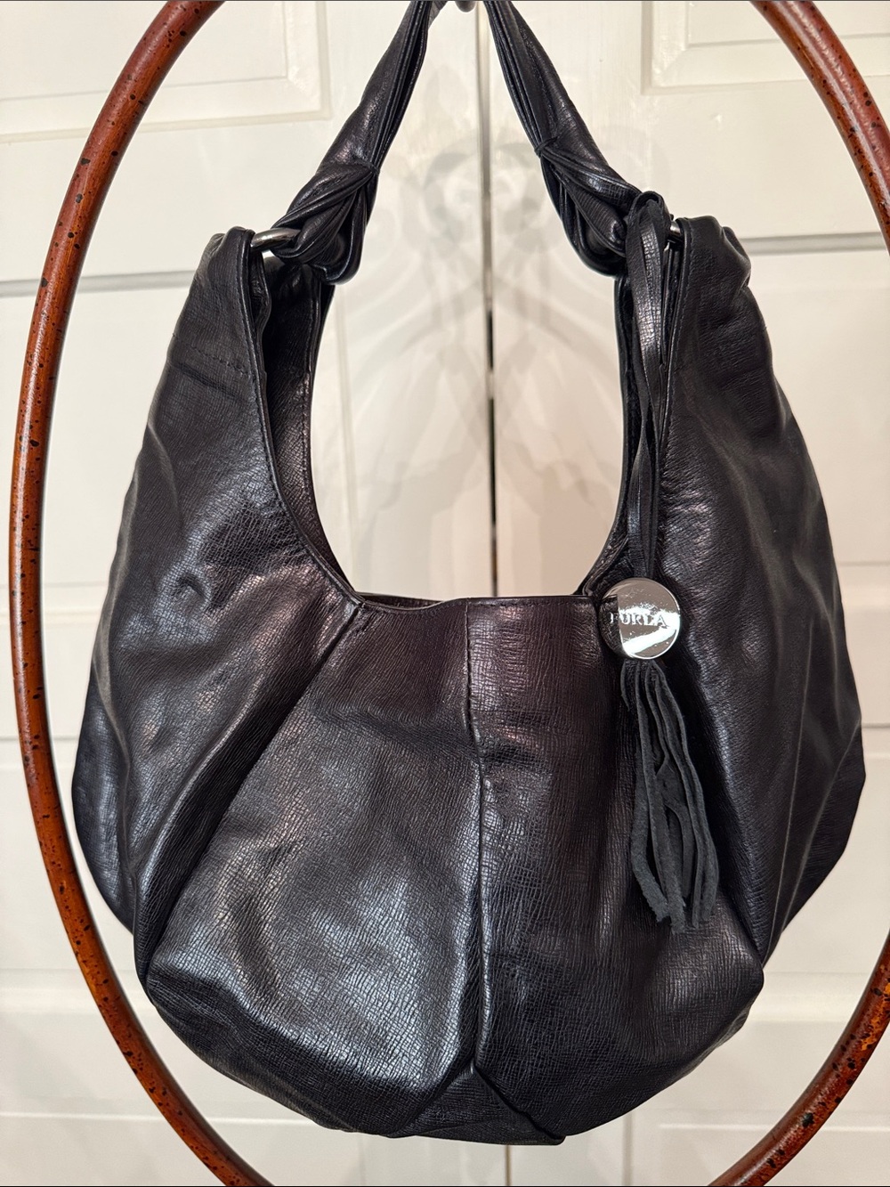 Furla Black Leather Hobo with Tassel Charm